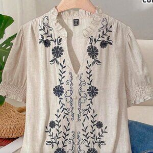 COSY JOLI CASUAL EMBROIDERY RUFFLE HEM TOP